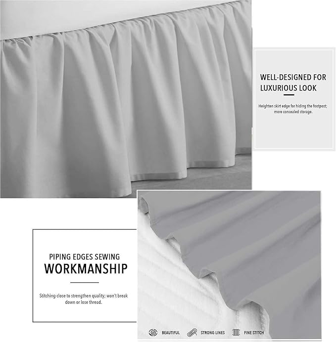 Light Grey Solid Ruffled Bed Skirt Queen-XL-28 Inch Drop Split Corner, Microfiber Bedskirt with Platform Three Sided Coverage
