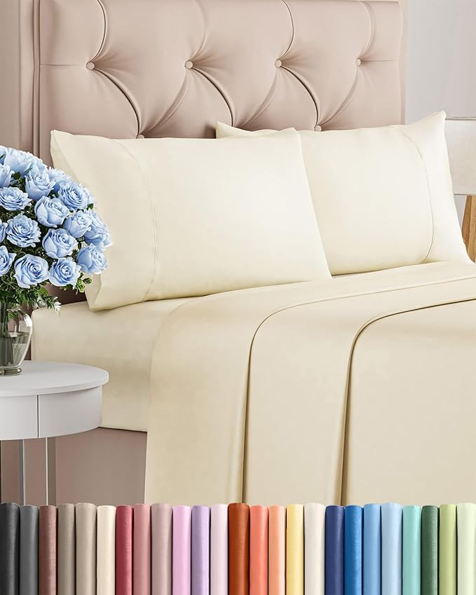 Twin XL 4 Piece Sheet Set - Cooling, Comfy & Breathable - Hotel Luxury Bedding, Includes Fitted Sheet for Women, Men, Kids & Teens - 1 Flat, 1 Fitted Sheet, 2 Pillowcases w/Deep Pockets - Off White