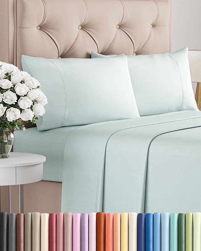 Twin 4 Piece Sheet Set - Cooling, Comfy & Breathable - Hotel Luxury Bedding, Includes Fitted Sheet for Women, Men, Kids and Teens - 1 Flat, 1 Fitted Sheet, 2 Pillowcases with Deep Pockets - Ice Blue