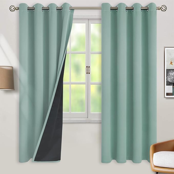 BGment Thermal Insulated 100% Blackout Curtains for Bedroom with Black Liner, Double Layer Full Room Darkening Noise Reducing Grommet Curtain (52 x 72 Inch, Frosty Green, 2 Panels)