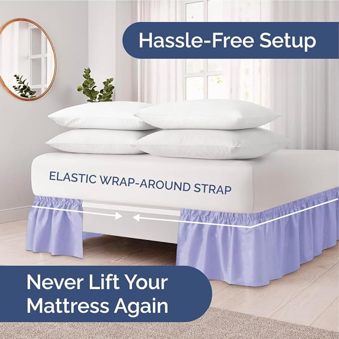 Wrap Around Dust Ruffle Bed Skirt - Lavender - for King Size Beds with 24 Inch Drop - Easy Fit Elastic Strap - Adjustable Pleated Bedskirt w/Brushed Fabric Wrinkle Free - for Women, Men, Kids & Teens