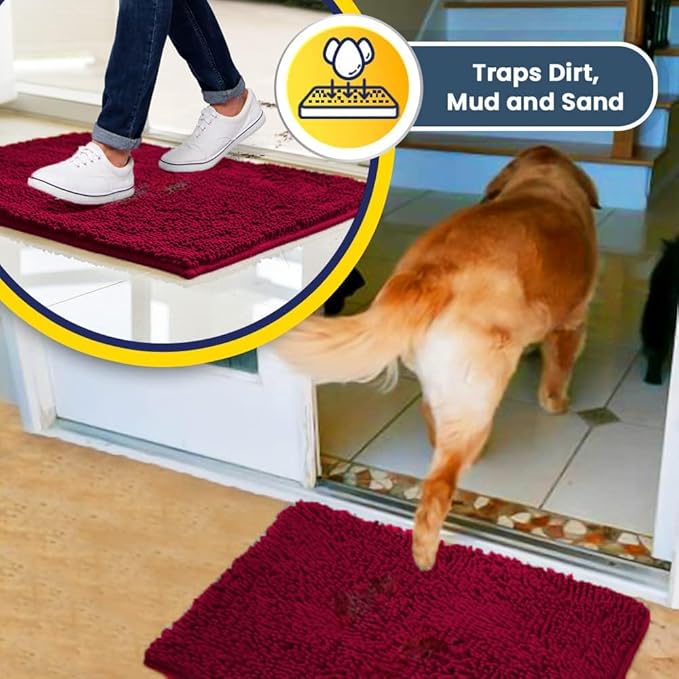 Muddy Mat® | Super Absorbent Door Mat Indoor, Microfiber Quick Dry Chenille Entryway Rug, Non-Slip Front Door Mat, Indoor Mats for Entryway, Machine Washable Pet Rug, Maroon 48"x60"