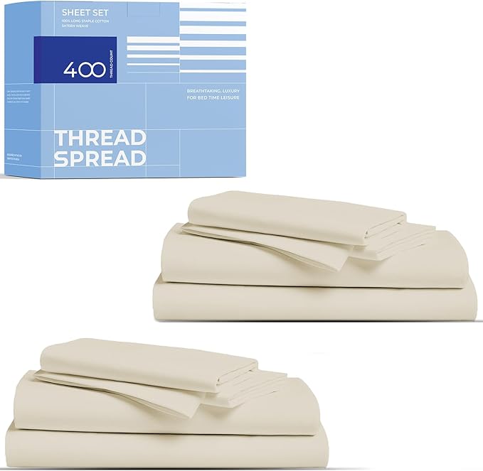THREAD SPREAD 2-Pack Queen Size Sheets Set - 400 Thread Count 100% Cotton Sateen Weave - Extra Soft, Breathable, Hotel Quality Cooling Sheets, 2 Sets of Queen Size Deep Pocket Bed Sheets (Ivory)