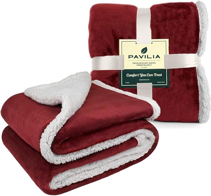 Pavilia Sherpa Fleece Blanket for Bed, Queen Size, Maroon Red, Plush Soft Fuzzy, Cozy Reversible Winter Blanket for Women & Men, 90x90 Inches
