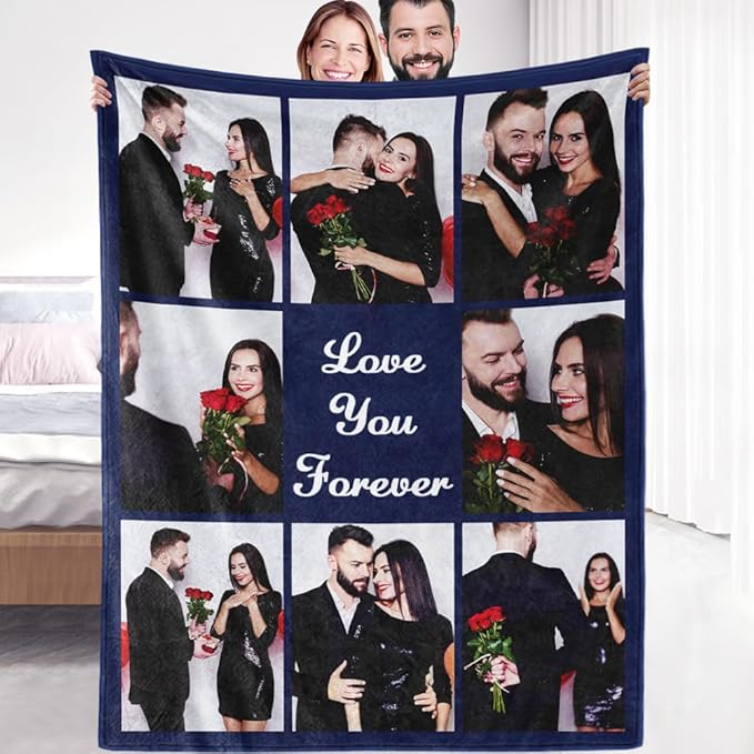 Sherpa Fleece Custom Photo Blanket - Soft, Warm, Fuzzy - Personalized Couples Gifts for Boyfriend, Girlfriend - Customized Picture Blanket for Birthday, Christmas