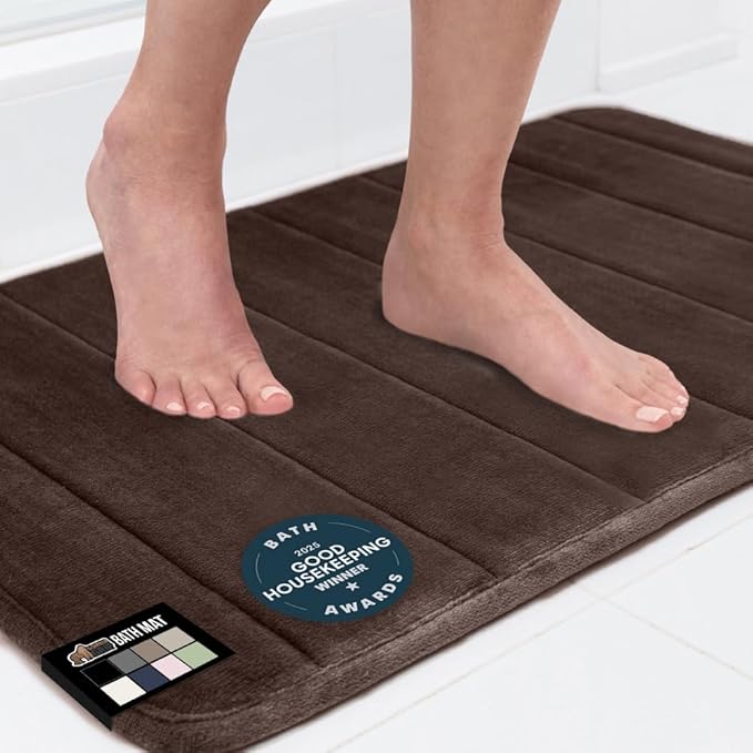 GORILLA GRIP Memory Foam Bath Mat, Soft Absorbent US Designed Bathroom Rug, Gripping Dots Machine Washable Bathmat, Cushioned Floor Mats, Shower Sink Rugs Room Décor Accessories, 24x17 Brown