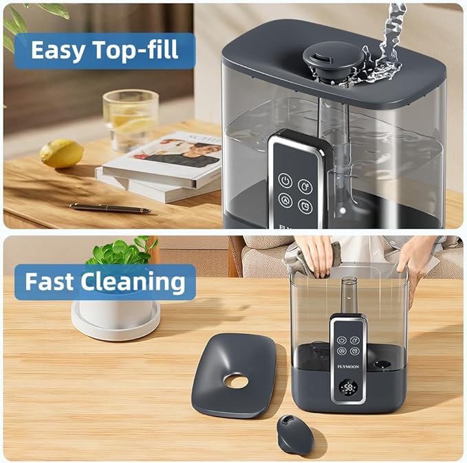 FLYMOON Humidifier for Bedroom, Mist Humidifiers with 5L Large Capacity, Top Fill, 28dB, Humidifier with 3 Mist Levels, Leak-Proof, 12H Timer, App Control, Black