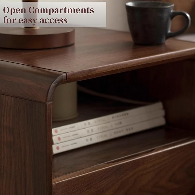 Walnut Nightstand Solid Wood Night Stand, Dark Wood Nightstands with 2 Drawers & Open Shelf, Mid Century Modern Nightstand, Wooden Bedside Table for Bedroom(Dark Black Walnut,23.23" H)