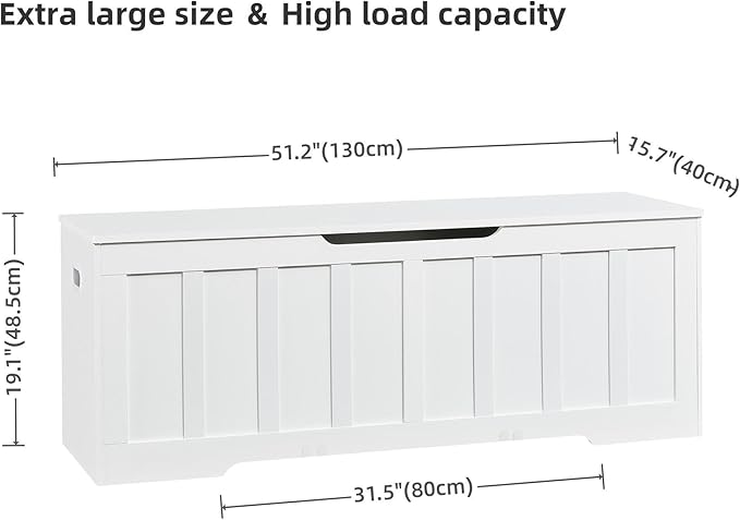 51.2" Storage Chest Extra Large,Storage Bench with 2 Safety Hinges,Shoe Bench,51.2 * 15.7 * 19.1 inches,Wooden Trunk for Bedroom,livingroom,entryway,Supports 220 lb,Easy Assembly(White).