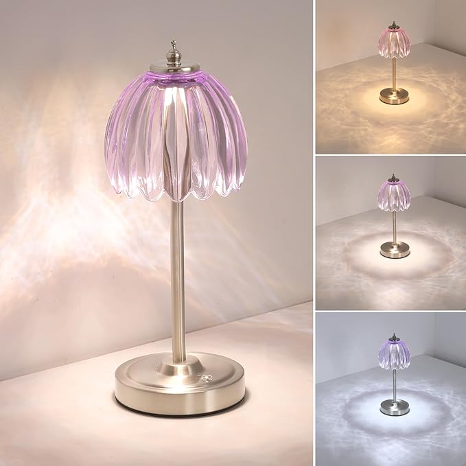 Tulip Table Lamp with 5200mAh Battery & Touch Control, Cordless Small Table Lamp with 3 Colors, Dimmable Rechargeable Table Lamps for Living Room, Bedroom, Desk, Bedside (Clear Purple Tulip)