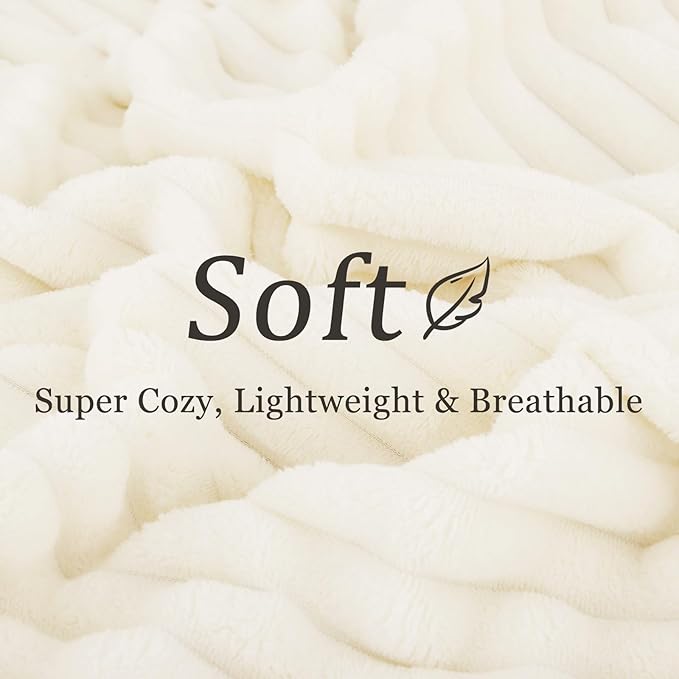 decorUhome Christmas Soft Fleece Cream White Twin Blanket for Bed, Cozy Fluffy Plush Flannel Striped Throws for Couch Sofa, Lightweight Decorative Ribbed Fuzzy Blanket for Woman, 60x80 Inches