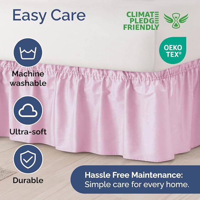 Wrap Around Dust Ruffle Bed Skirt - Light Pink - for Queen Size Beds with 15 Inch Drop - Elastic Strap - Adjustable Pleated Bedskirt with Brushed Fabric and Wrinkle Free - For Women, Men, Kids & Teens