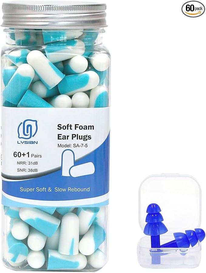 LYSIAN Noise Cancelling Earplugs for Sleep - 60 Pairs, 38dB Disposable Ear Plugs for Sleeping, Snoring, Shooting, Mowing Loud Sound Reduction- Double Color Light Blue/White