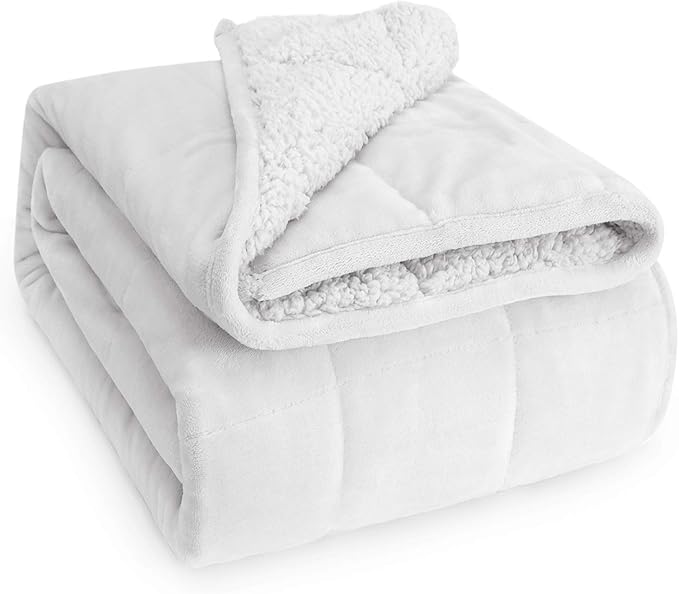 Wemore Sherpa Fleece Weighted Blanket for Adult, 15 lbs Dual Sided Cozy Fluffy Heavy Blanket, Ultra Fuzzy Throw Blanket with Soft Plush Flannel Top, 60 x 80 inches Queen Size White on Both Sides