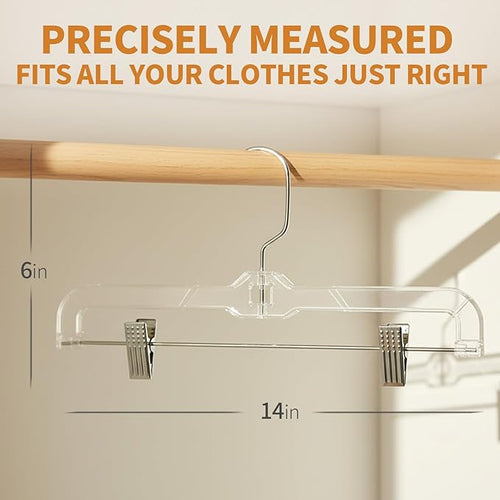 12 Pack Premium Clear Pants Hangers, Plastic Hangers with Adjustable Clips Non-Slip Clip 360° Swivel Hook for Pants, Trousers