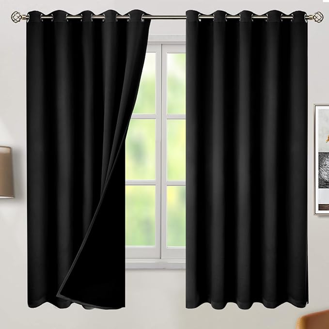 BGment Thermal Insulated 100% Blackout Curtains for Bedroom with Black Liner, Double Layer Full Room Darkening Noise Reducing Grommet Curtain (60 x 63 Inch, Black, 2 Panels)