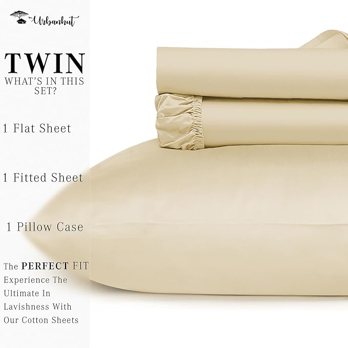 URBANHUT 800 Thread Count 100% Cotton Twin Size Sheets, Luxury 4 Piece Twin Bedsheets, Hotel Sheets Sateen Finish - Better Than Egyptian, 14" Elasticized Deep Pocket - Sand
