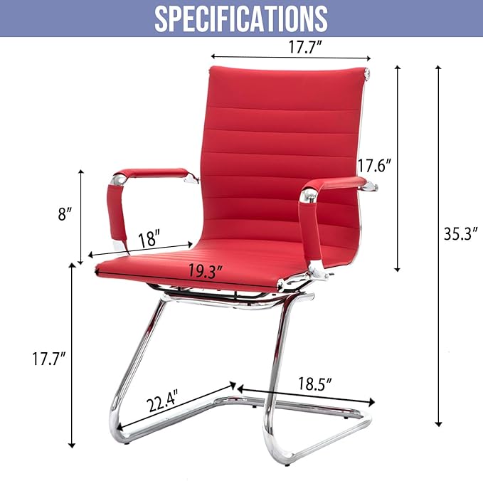 Wahson Office Guest Chairs Set of 6, Leather Reception Chairs, Mid Back Waiting Room Chair, Conference Chairs with Sled Base, Desk Chair No Wheels for Meeting/Lobby/Restroom, Dark Red