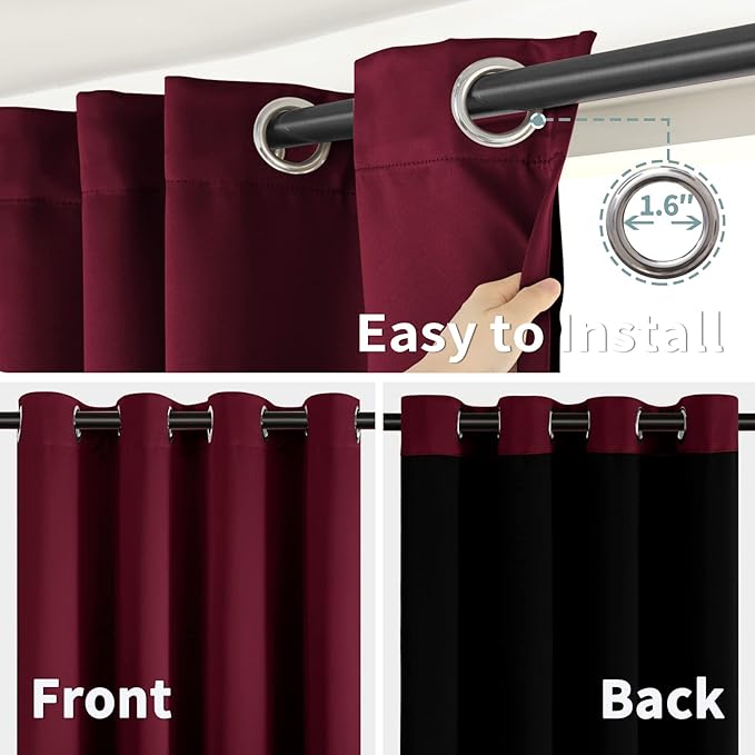 BGment Thermal Insulated 100% Blackout Curtains 72 Inch Length 2 Panels, Total Light Blocking Curtains for Bedroom, Grommet Window Drapes with Thick Black Liner, 52 Inch Wide Each Panel, Burgundy Red