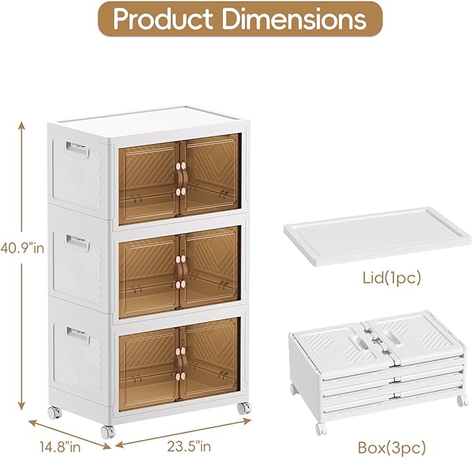 JEKO&JEKO 246Qt Stackable Storage Bins with Lids and Wheels, Foldable Collapsible Plastic Drawer Boxes for Clothes, Home, White, 3 Pack