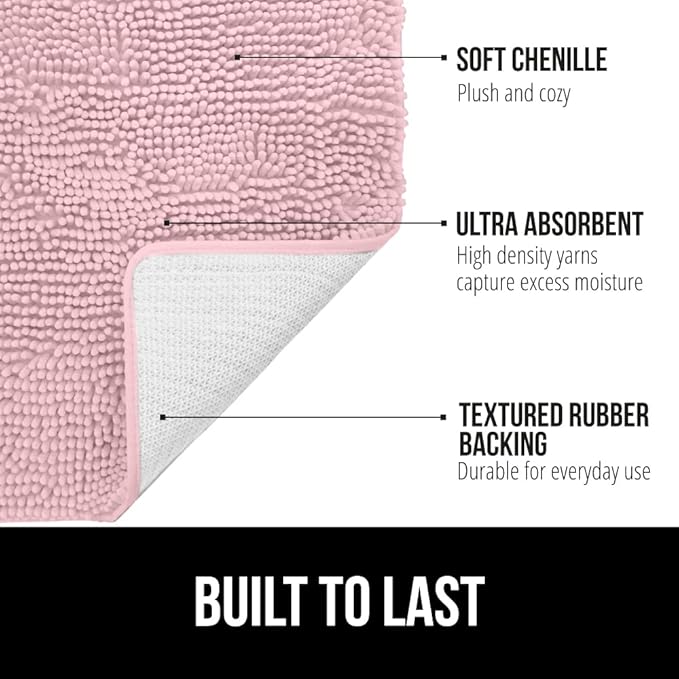 GORILLA GRIP Bath Rug Mat 30x20, Soft Absorbent Chenille, Quick Dry Microfiber Mats, Rubber Backing Washable Shower Floor Rugs, Bathmat Runner, US Designed Bathroom Home Decor Accessories Light Pink