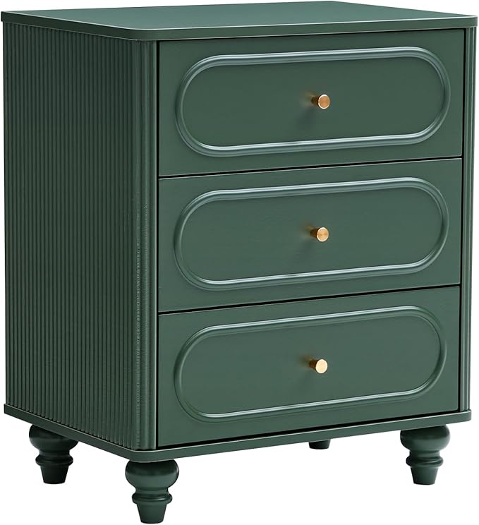 3 Drawer Fluted Dresser for Bedroom Set of 2, Mid Century Modern Chest of Drawers, Wood Storage Small Dresser Organizer for Bedroom Living Room Hallway Closet, Green