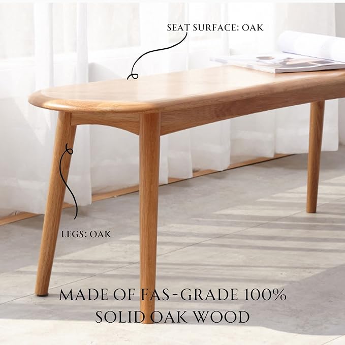 100% Solid Oak Dining Bench, Wood Bench for Bedroom End of Bed with Rounded Corners, Entryway Benches for Dining Room, Kitchen, Living Room (Natural Oak, 47.2")