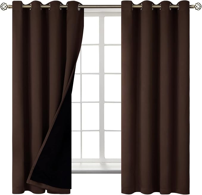 BGment Thermal Insulated 100% Blackout Curtains for Bedroom with Black Liner, Double Layer Full Room Darkening Noise Reducing Grommet Curtain (52 x 63 Inch, Brown, 2 Panels)