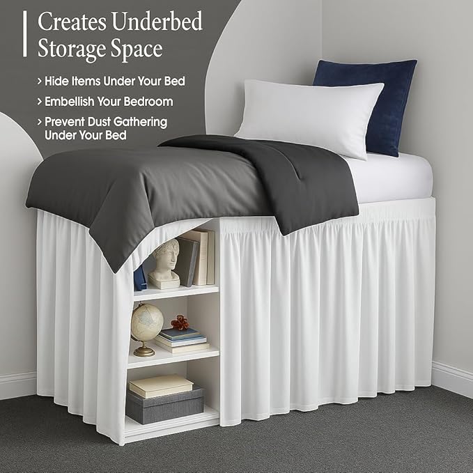 Cottingon Dorm Bed Skirt Twin XL 42" with Split Corners, 100% Microfiber Soft and Stylish, College Room Essential, Extra Long Dust Ruffle for Extended Beds, White