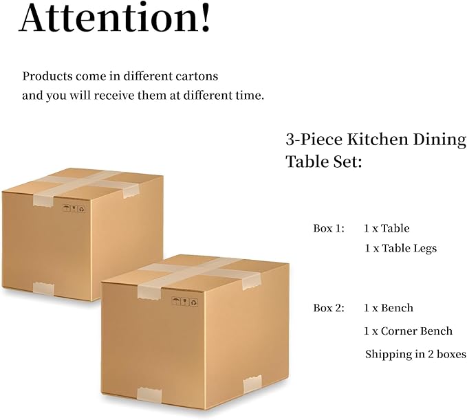 3 Piece Dining Table Set with Bench, 42.9 Inch Modern Kitchen Table with Right Seat Corner and 43.3 Inch Bench for Family Dining Room Furniture