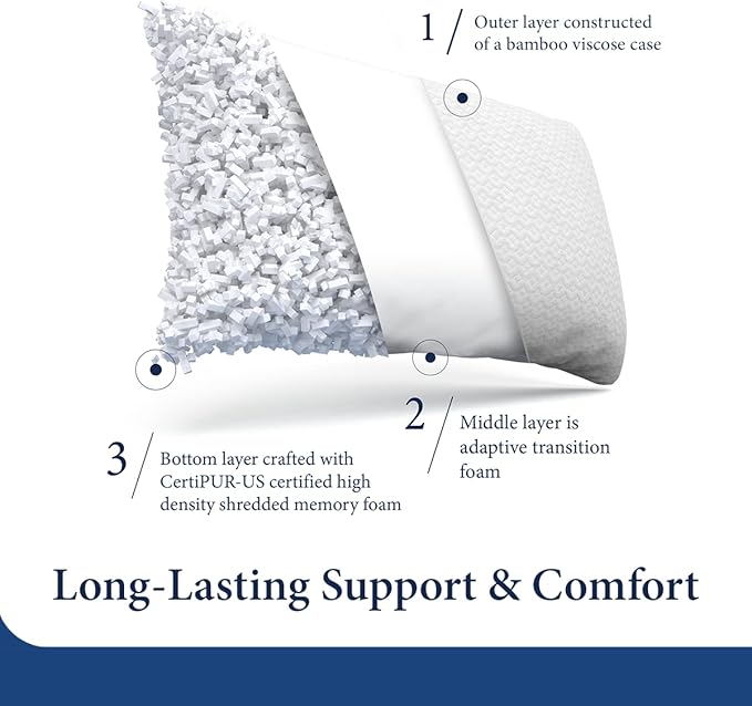 Cosy House Collection 2-Pack Luxury Rayon Derived from Bamboo Shredded Memory Foam Pillow - Adjustable & Removable Fill - Cool & Breathable Cover with Zipper for Side, Back, & Stomach Sleepers (King)