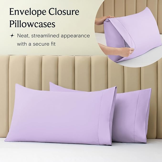 LuxClub 4 PC California King Sheet Set, Deep Pockets Wrinkle Free Cooling Bed Sheets Hotel Bedding for Women, Men, Includes 1 Fitted Sheet, 1 Flat Sheet and 2 Pillowcases-Lavender