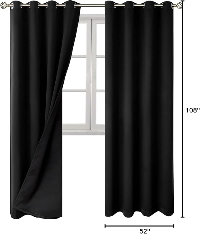 BGment 100% Blackout Curtains 108 Inch Long 2 Panles Set, Thermal Insulated Total Light Locking Soundproof Grommet Curtains & Drapes for Living Room with Black Liner, 52 Inch Wide Each, Black