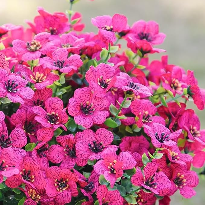 HyeFlora Artificial Flowers for Outdoor Indoor Garden Home Decoration, Faux Flower Daisy with Eucalyptus Leaves Fake Plants Greenery Boxwood Porch Patio, 12 Bundles (Rose Red)