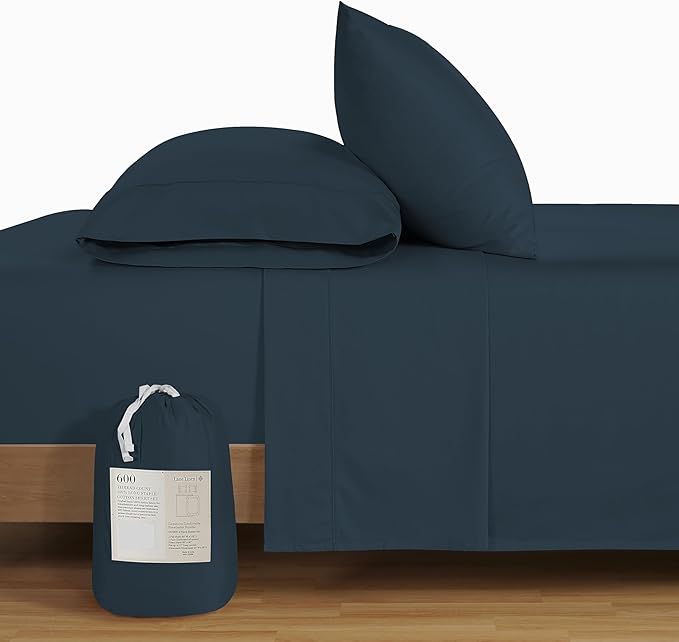 LANE LINEN 100% Cotton Sheets King Size – 600 Thread Count King Size Bed Sheets, Hotel Luxury Soft Silky Sateen Weave, Durable for Year Round Use, Fully Elasticized 15" Deep Pocket – Estate Blue