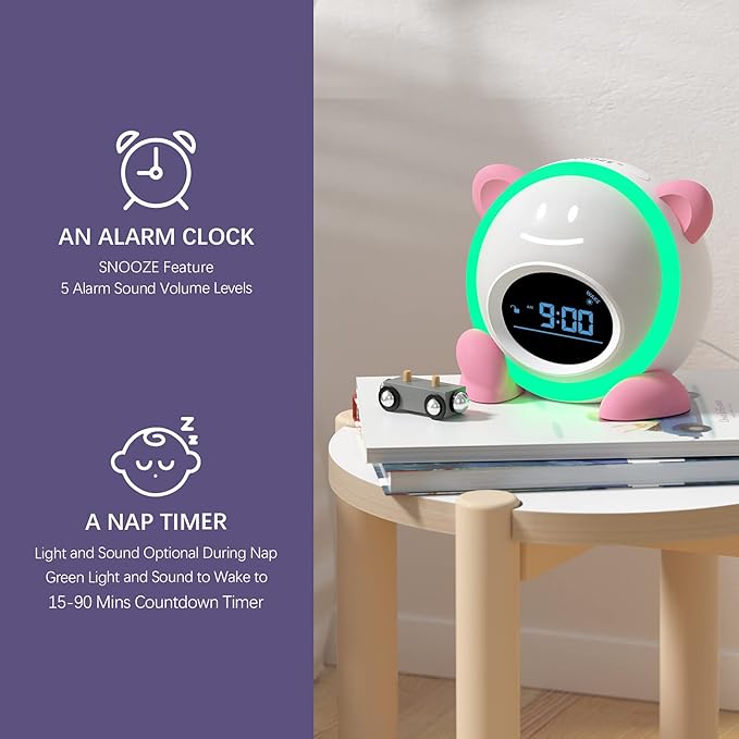 OK to Wake Clock for Kids, Sleep Training Clock with Night Light and Sound Machine, Kids Alarm Clock for Bedrooms (Pink)