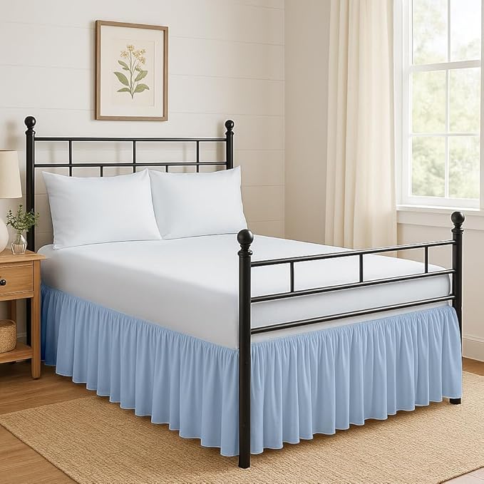 Ruffled Bed Skirt Split Corners with Platform, Tailored Fit Hotel Quality Wrinkle Free Ultra-Soft Microfiber Dust Ruffle, Upto 28 Inch Drop, Queen, Sky Blue
