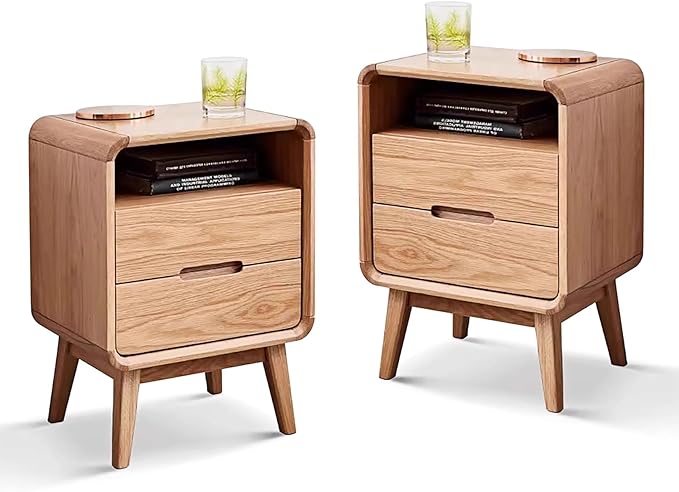 Solid Wood Nightstand Set of 2, Mid Century Modern Nightstand with Drawers, Natural Wood Nightstand with Storage, Wooden Night Stand, Small Nightstands, Bedside Table for Bedroom(23.23" H)
