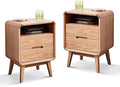 Solid Wood Nightstand Set of 2, Mid Century Modern Nightstand with Drawers, Natural Wood Nightstand with Storage, Wooden Night Stand, Small Nightstands, Bedside Table for Bedroom(23.23" H)