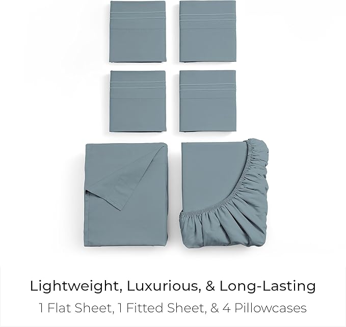 Mellanni Full Sheet Set - 6-Piece Iconic Collection Bedding, (Including 4 Pillowcases), 16-Inch Deep Pocket, Easy Care, Extra Soft, Cooling Sheets, Brushed Microfiber - Spa Blue