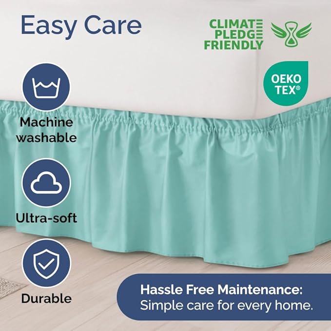 Wrap Around Dust Ruffle Bed Skirt - Spa Blue - for Queen Size Beds with 18 Inch Drop - Elastic Strap - Adjustable Pleated Bedskirt with Brushed Fabric and Wrinkle Free - for Women, Men, Kids & Teens