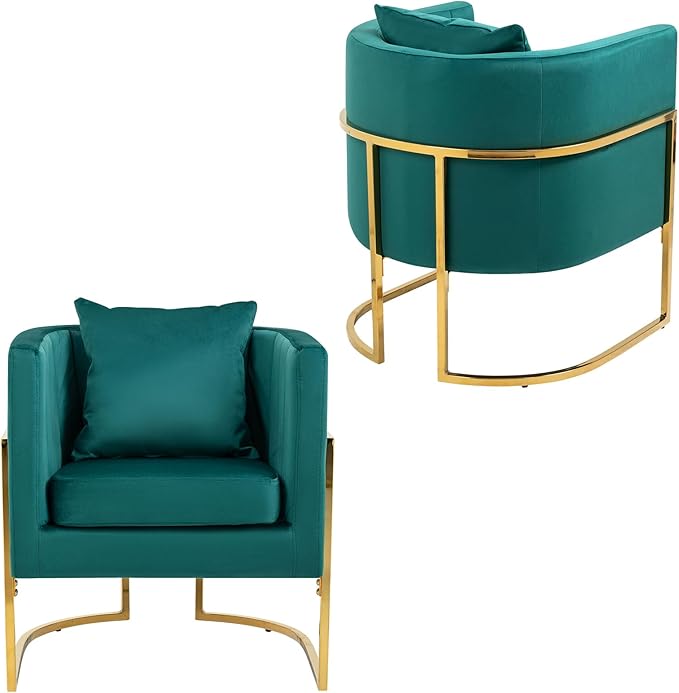 Velvet Modern Accent Chair, Upholstered Barrel Armchair Mid Century with Pillow for Living Room, Comfy Single Vnaity Chair with Metal Gold Legs for Bedroom, Green