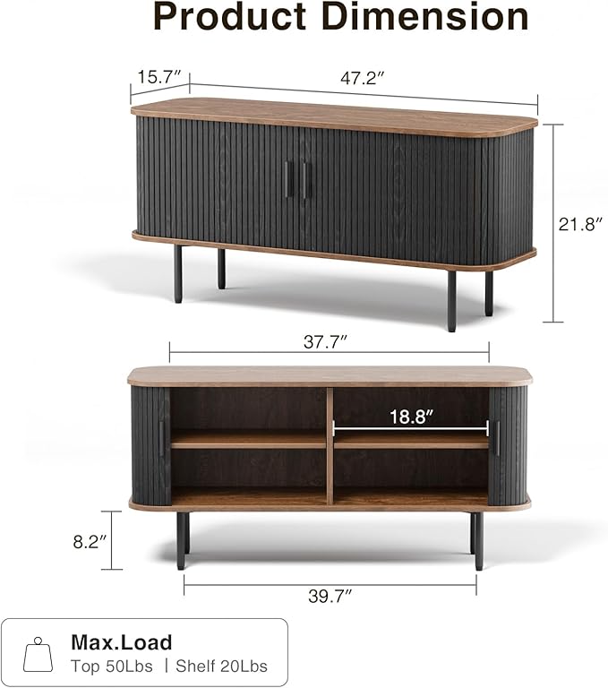 47''W Black Cabinet with Storage, Media Console, Tambour TV Stand, Television Stands with Curvy Edge; Sliding Door, Fluted Cabinet, Buffet Sideboard, Credenza, Table Stand for Living Room, Kitchen