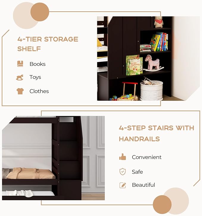 KOTEK Twin Over Twin Bunk Bed with Trundle and Stairs, Solid Wood Bunk Bed Frame with Storage Shelf, Bunk Beds Detachable into 2 Platform Beds for Kids Teens Adults (Espresso)
