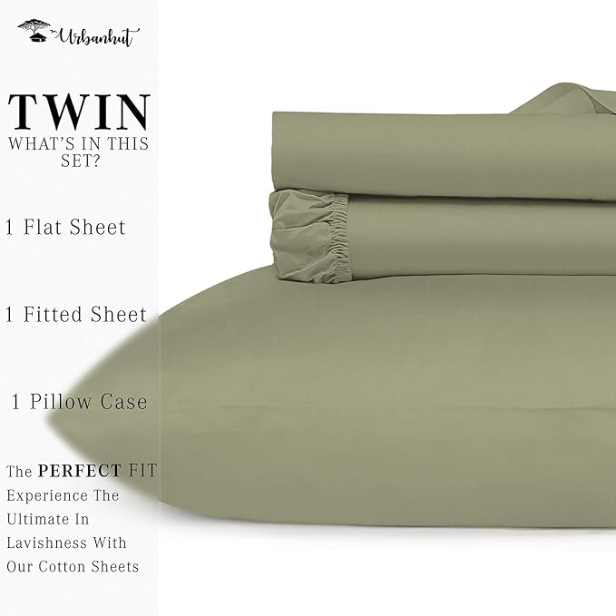 URBANHUT 800 Thread Count 100% Cotton Twin Size Sheets, Luxury 4 Piece Twin Bedsheets, Hotel Sheets Sateen Finish - Better Than Egyptian, 14" Elasticized Deep Pocket - Sage