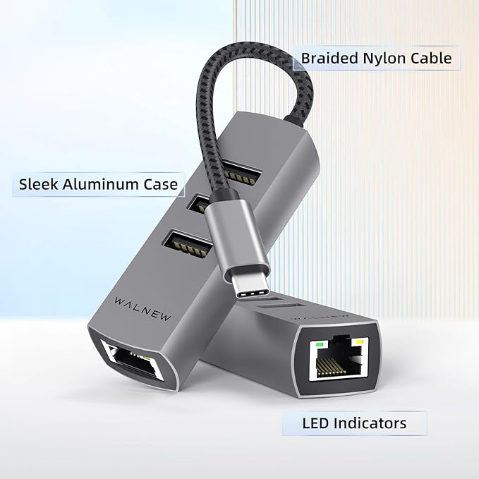 USB-C to Ethernet Adapter, WALNEW USBC to RJ45 LAN Adapter, Gigabit Cat Network Cable Converter to Type C Thunderbolt 3 for Mac,MacBook Pro/Air,Samsung Galaxy Tab (Ehternet+USB-A Port, USB-C)
