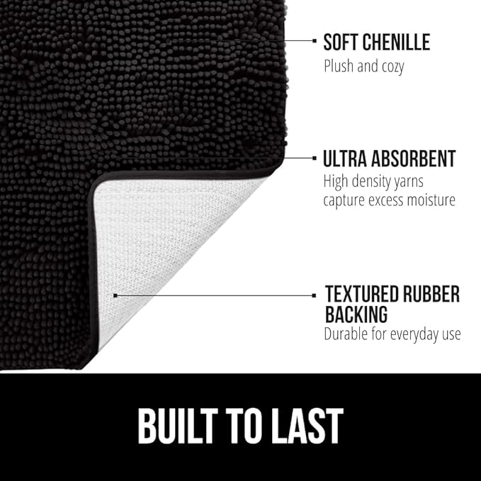 GORILLA GRIP Bathroom Rug Sets 3 Piece, Bath Mat Set and Oval Toilet Base with Rubber Backing, Plush Absorbent Shaggy Chenille Washable Mats, Includes 24x19.5, 24x17 and 30x20 Inch Rugs, Black