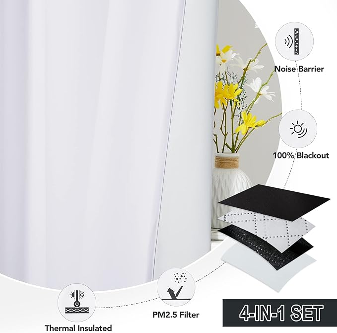 RYB HOME 4-in-1 Soundproof Curtains, Dust Particle Filter Divider Heavy Duty Window Decor Full Light Shading Blackout Privacy Drapes for Living Room Furance, White, W52 x L95 inch, 2 Panel