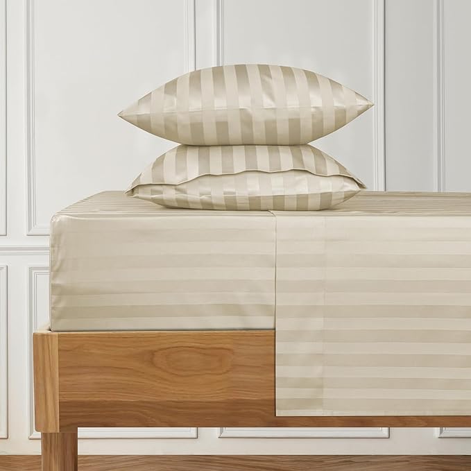 URBANHUT 800 Thread Count 100% Cotton Damask Twin Size Sheets, 4 Piece Striped Twin Size Bedsheets, Luxury Hotel Sheets Sateen Weave - Better Than Egyptian, 14" Elasticized Deep Pocket- Ivory