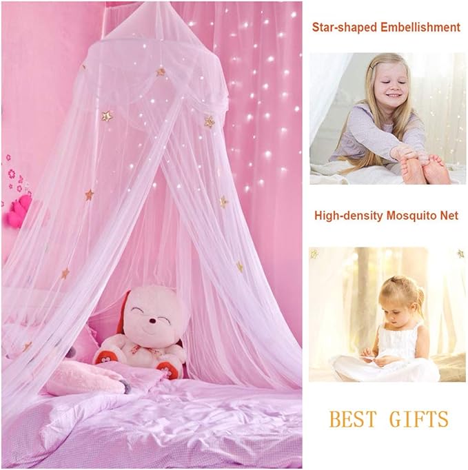 Mosquito Net Bed Canopy Netting Curtains Princess Stars Indoor Outdoor Dome Play Reading Nook Tent for Girls Boys Kids Single Twin Full Queen Size Bed, White